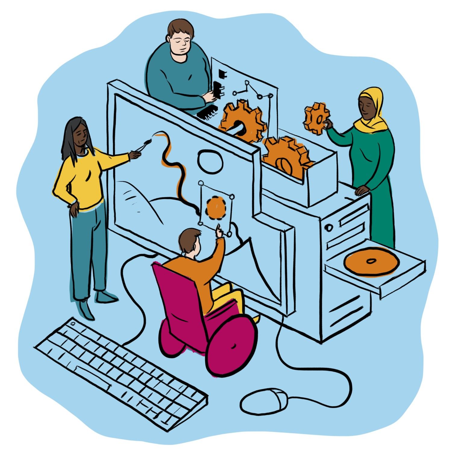 An illustration of a computer being built by several people who participate in the social care system.