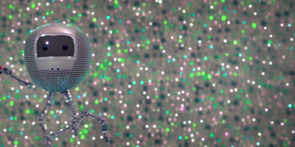 A small robot floats in front of a sea of out-of-focus coloured dots.