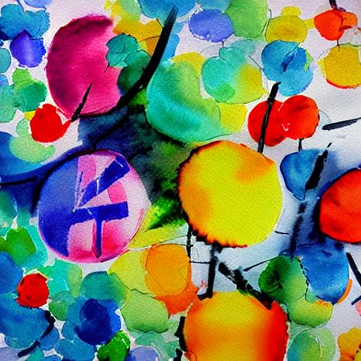 A watercolour of circles and lines spread out randomly. Each are vivid colours.