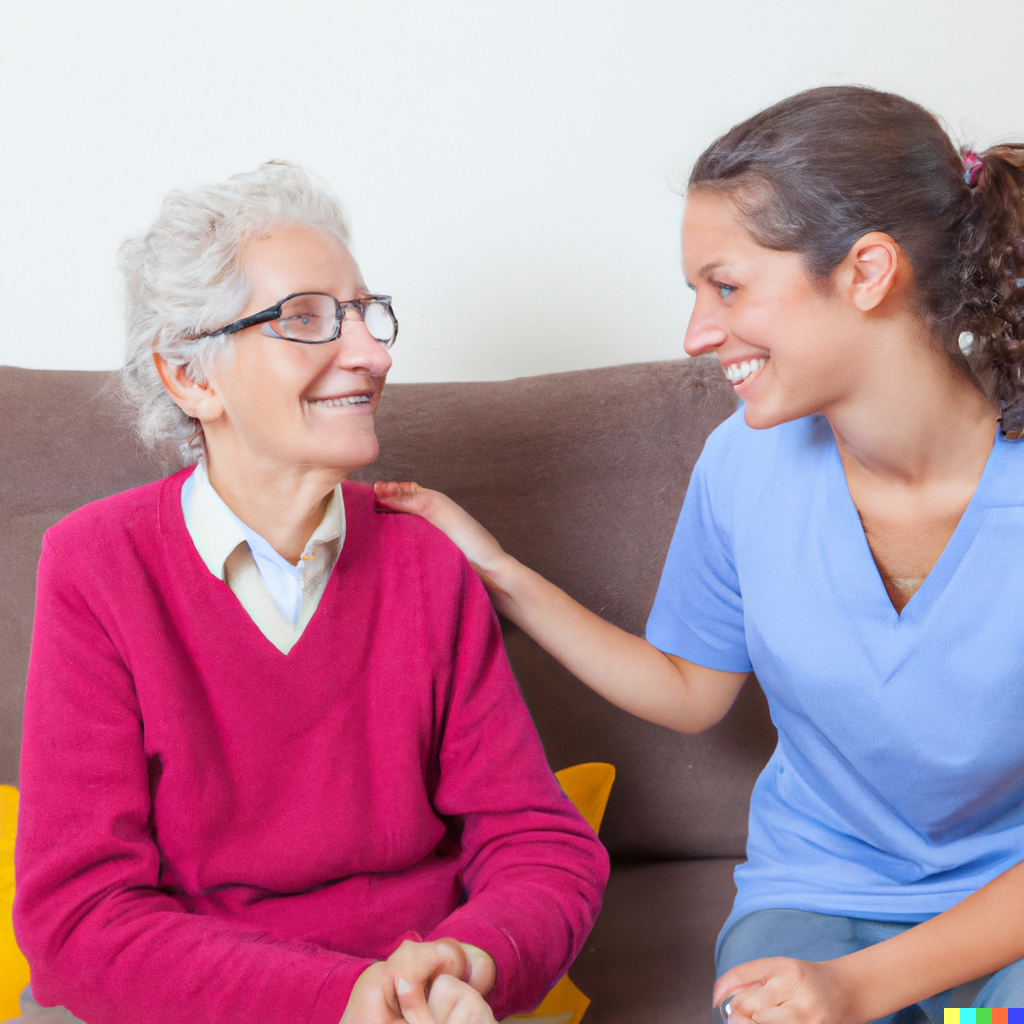 An AI-generated image of an elderly person sat next to a younger woman. They are smiling at each other.