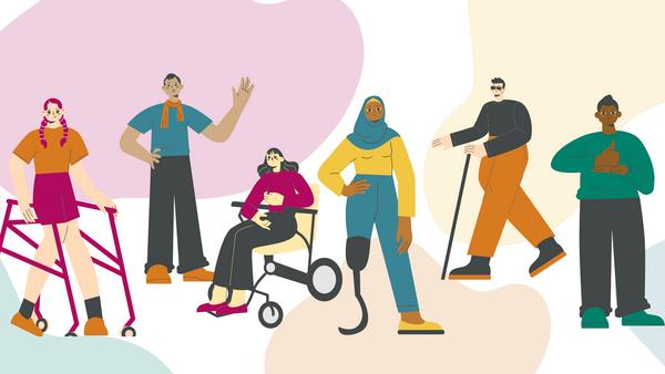 An illustration featuring six people with either visible or less visible disabilities