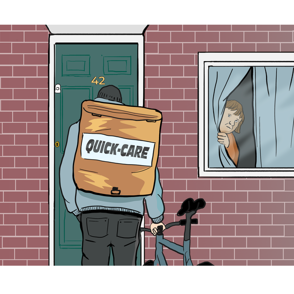 Someone looking out at a window at a person at their front door with a 'Quick Care' food delivery backpack on.