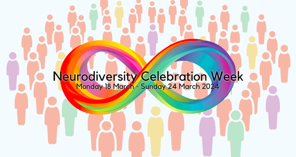 An illustration of a crowd of people, with roughly one in seven coloured differently. The neurodiversity symbol and caption '